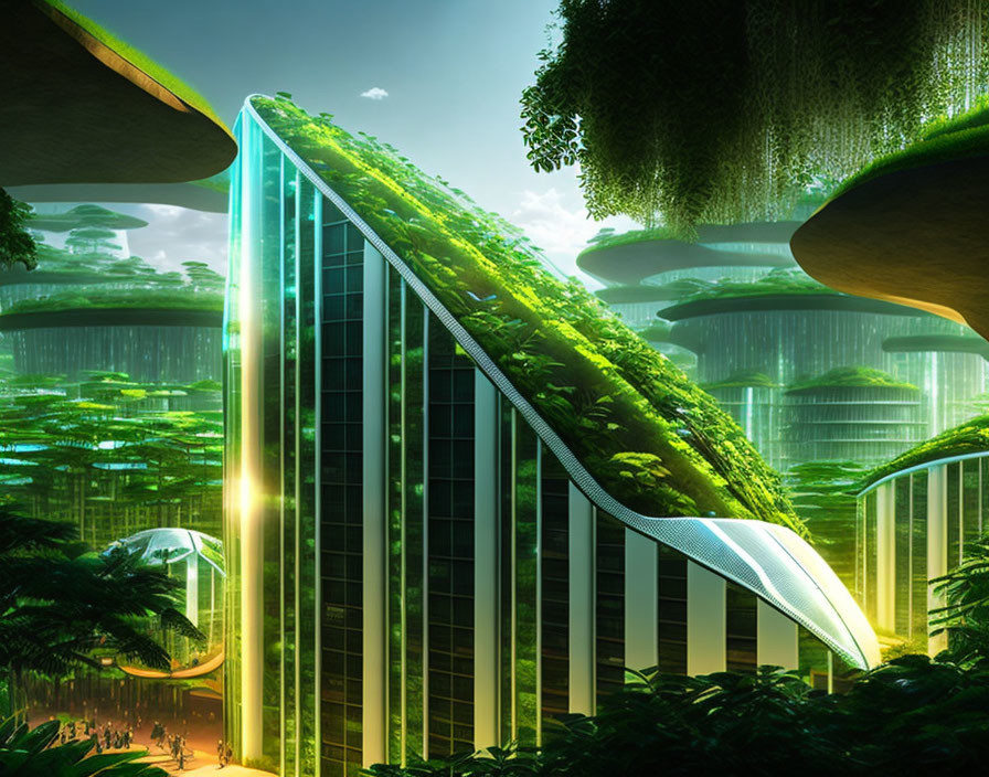 Futuristic skyscraper surrounded by lush greenery in a jungle setting