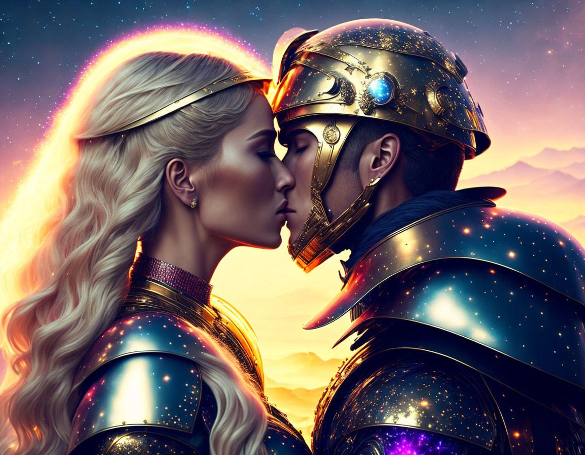 Futuristic armor helmets couple under cosmic starry sky