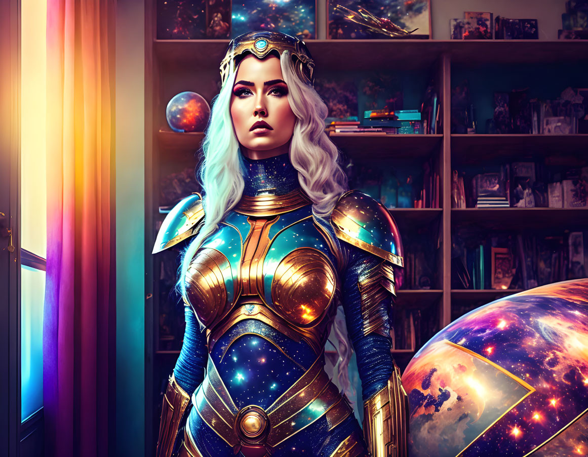 Digital artwork: Woman in cosmic armor with celestial motifs in vibrant colors.