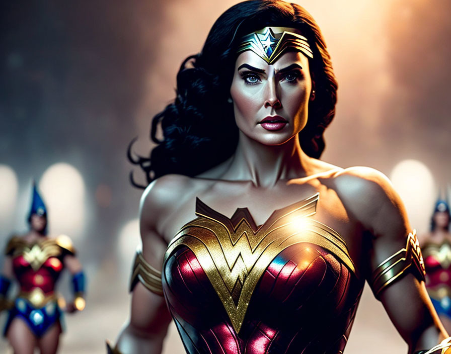 Stylized image featuring Wonder Woman in iconic armor with two characters in similar costumes