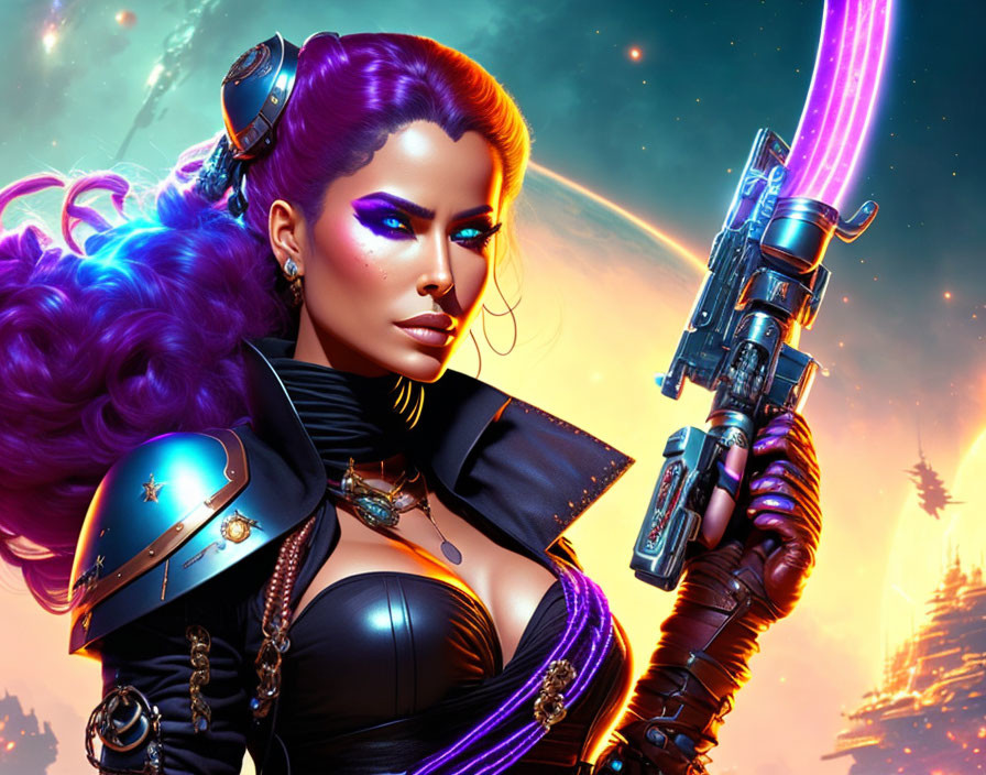 Futuristic female warrior with purple hair, steampunk goggles, cybernetic arm, and