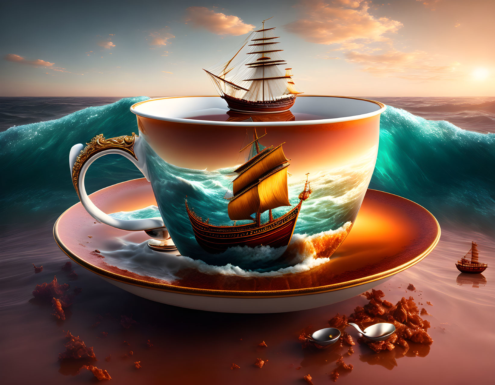 Surreal image: large tea cup at sea with ship inside, waves blending with tea.