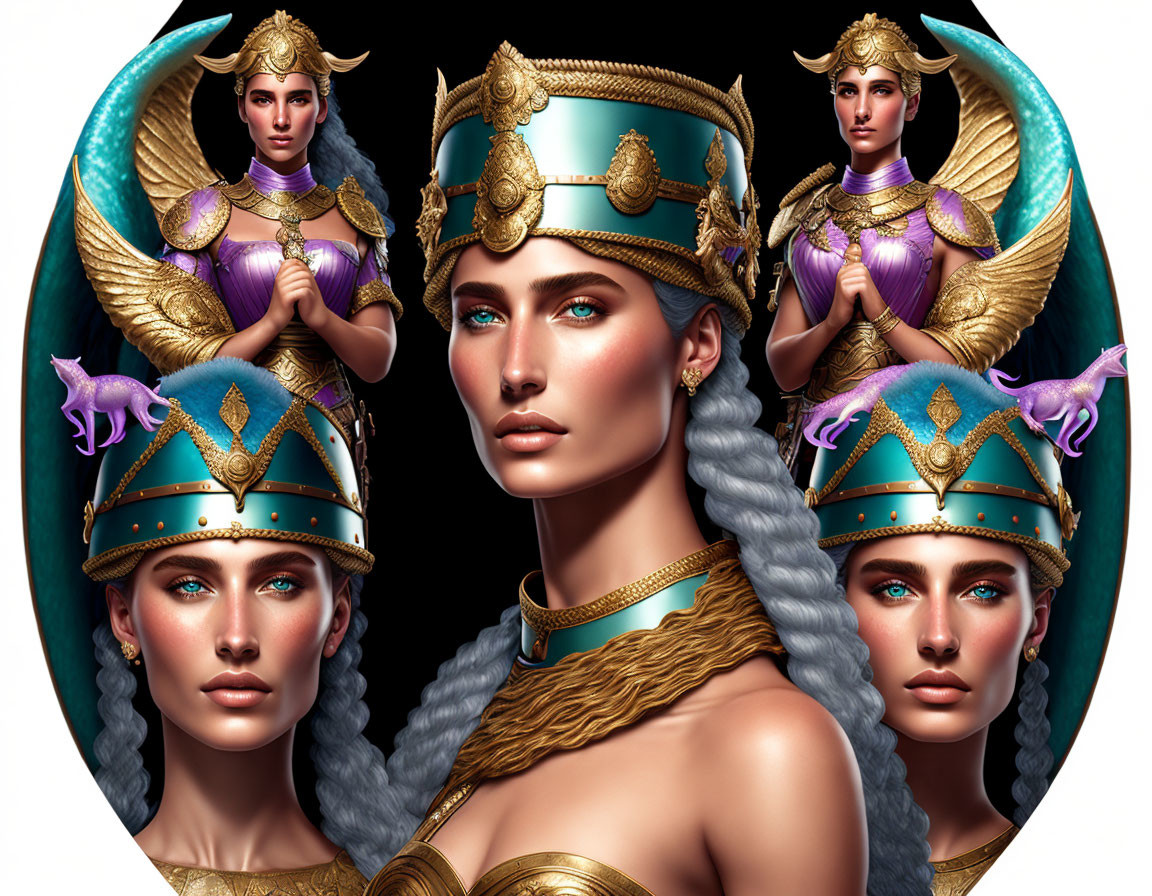 Female warrior digital portraits with golden helmet and teal adornments on black background