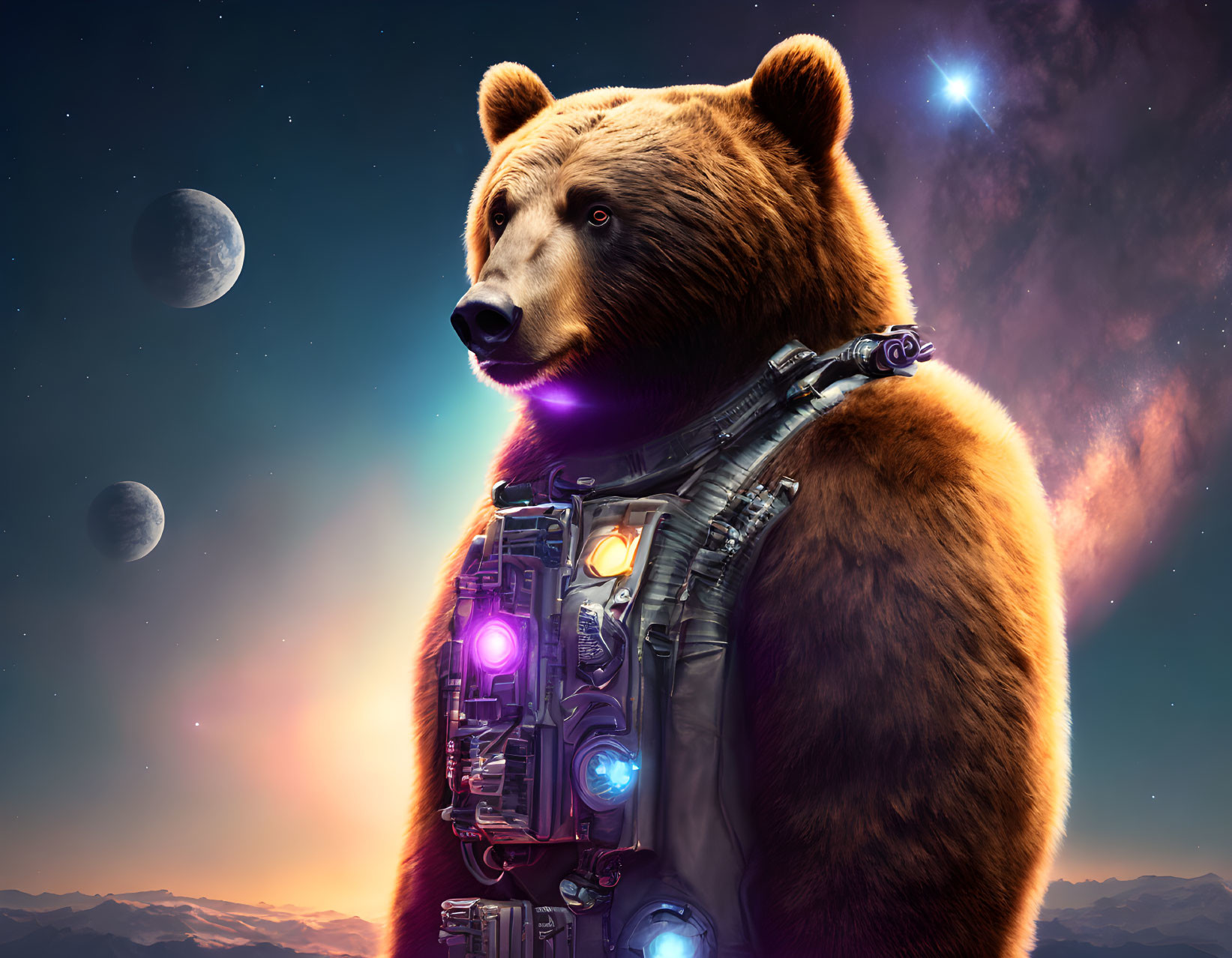 Mechanical bear in cosmic setting with stars and dual moons.