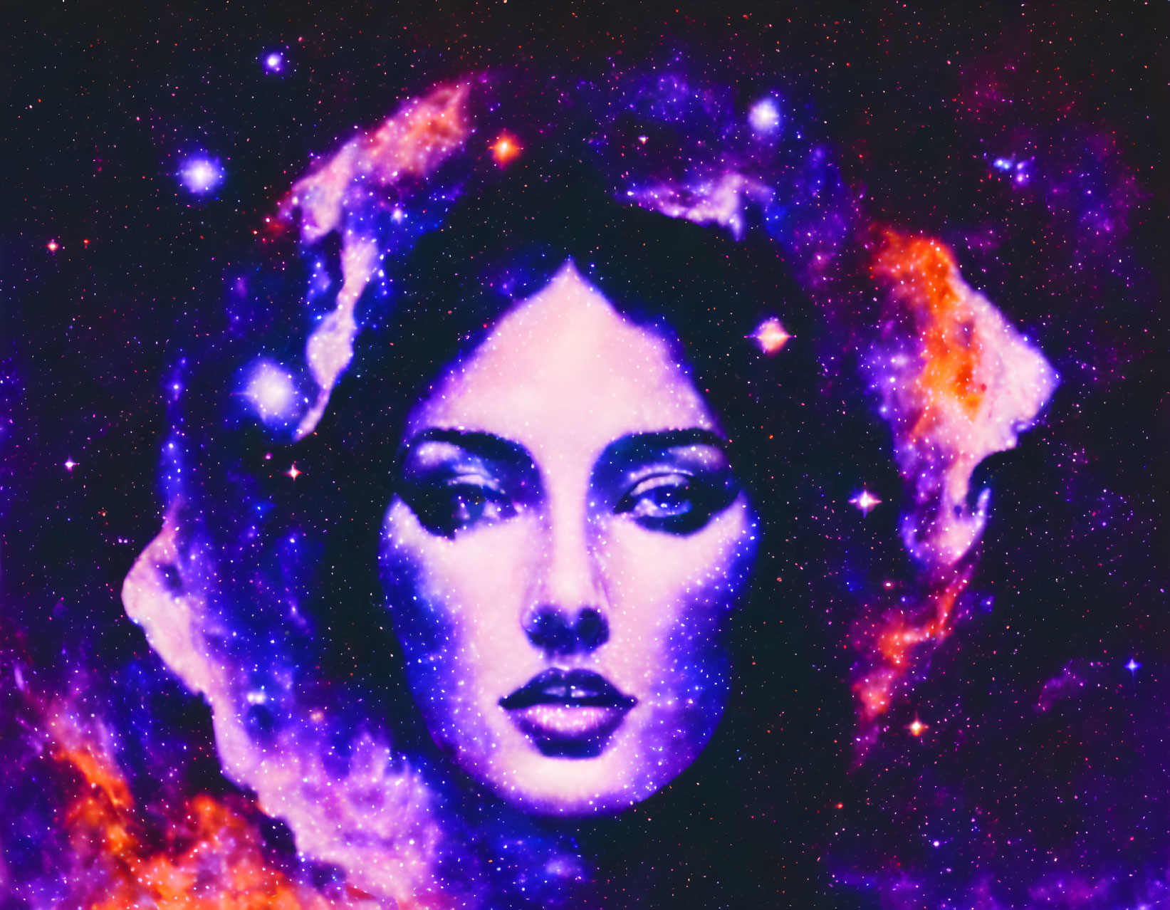 Cosmic-themed artwork: Woman's face merged with vibrant nebula