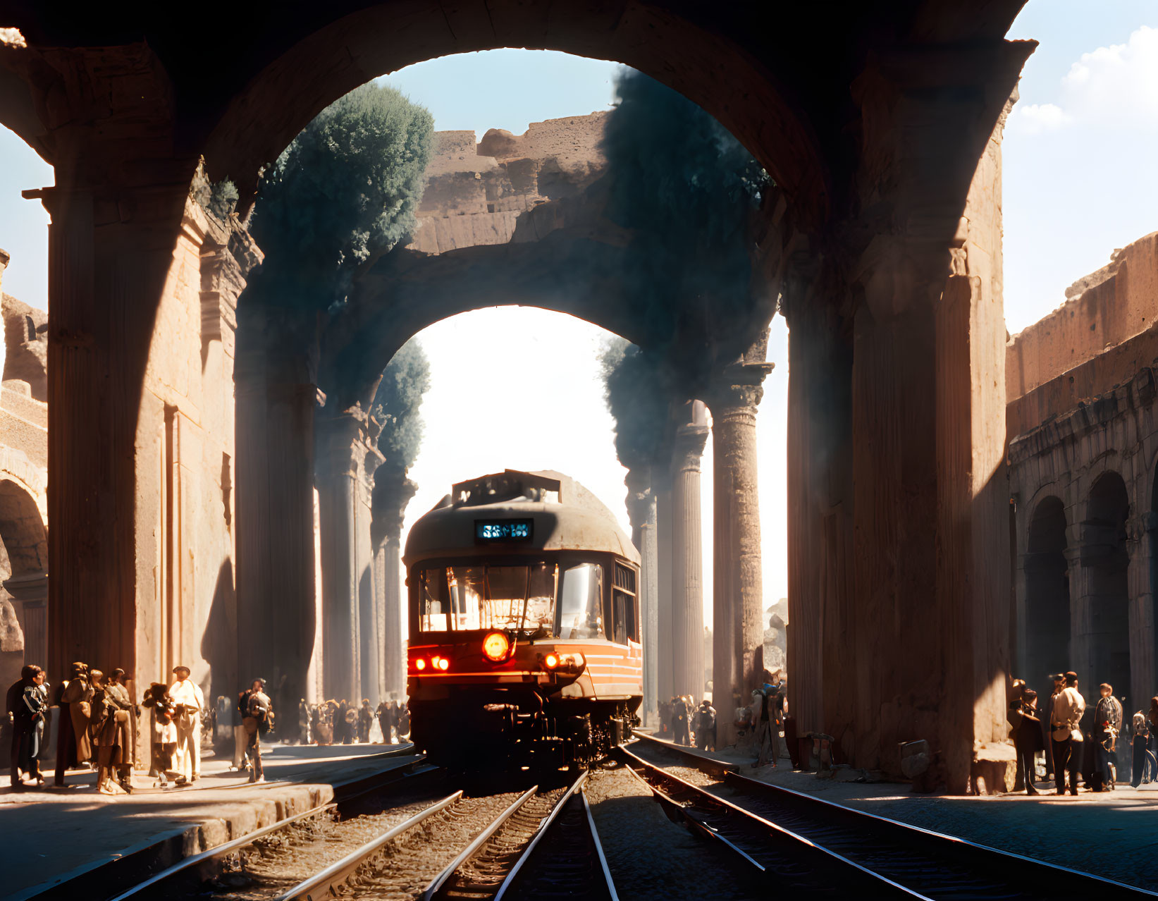 Vintage station scene: train arrival, people waiting, classical architecture, stone arches.