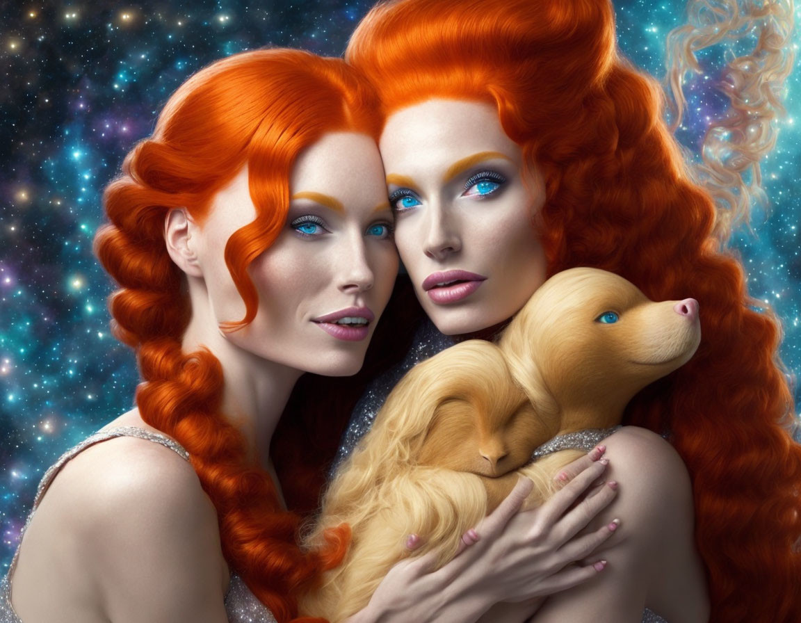 Two women with red hair and blue eyes pose with golden puppy in cosmic setting