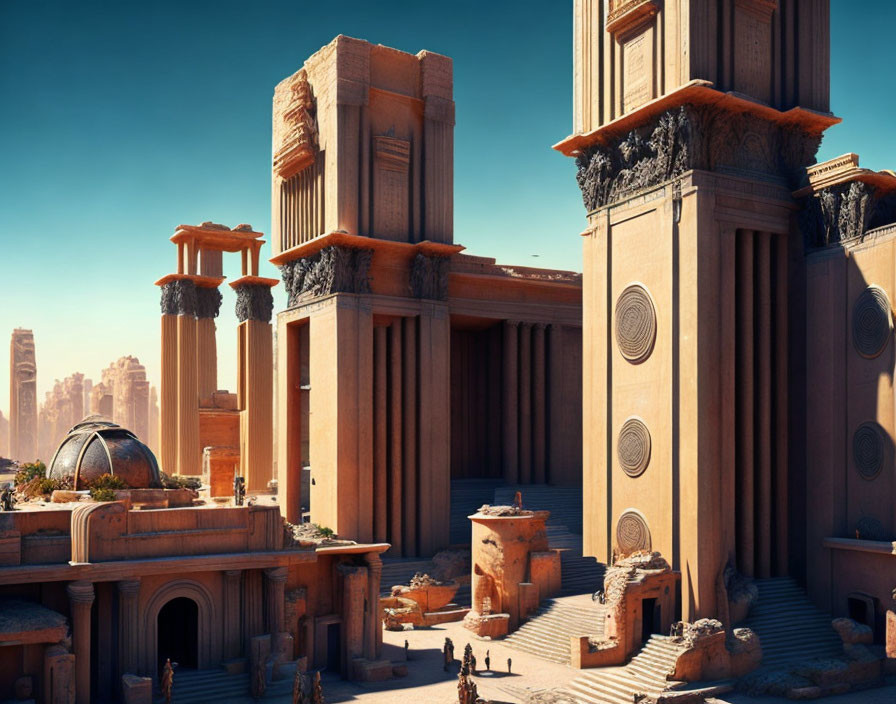 Ancient-Futuristic Cityscape with Sandstone Structures and People