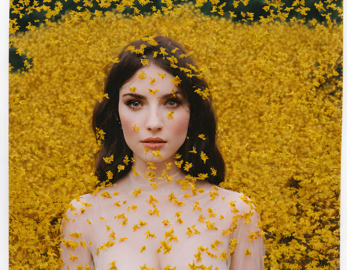 Woman Surrounded by Yellow Flowers in Mystical Portrait