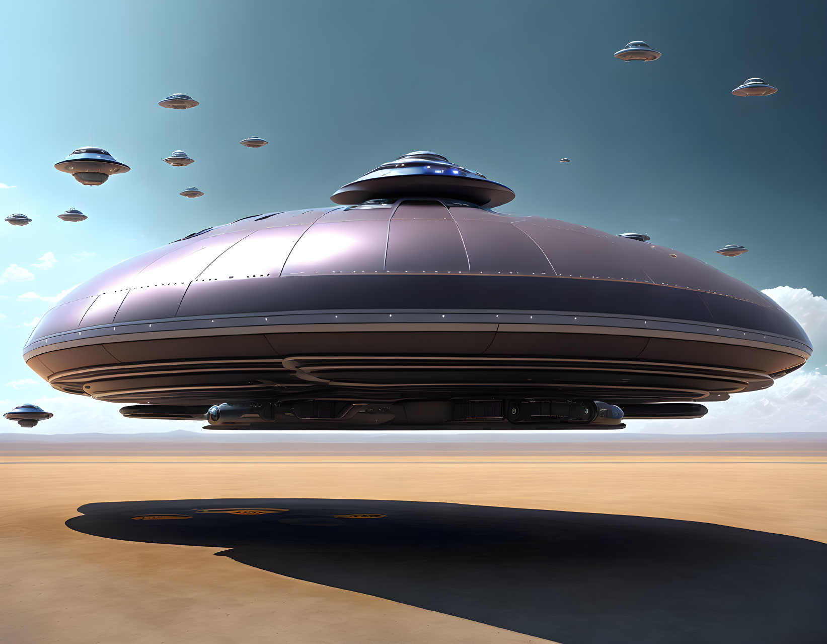 Futuristic metallic UFOs hover over desert landscape