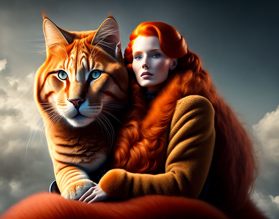 Red-haired woman in matching coat with orange tabby cat under cloudy sky