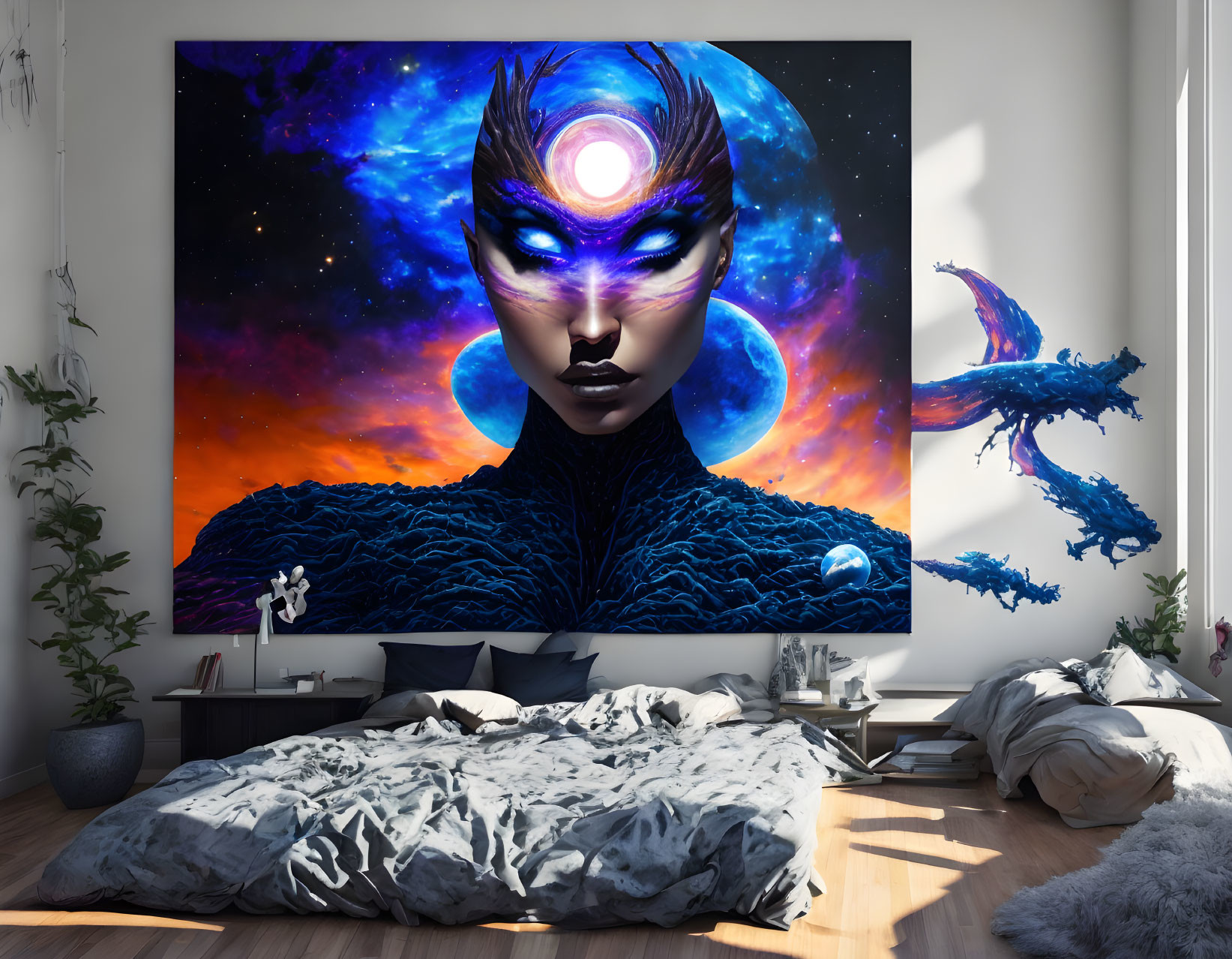 Spacious Bedroom with Cosmic-Themed Wall Art and Celestial Design