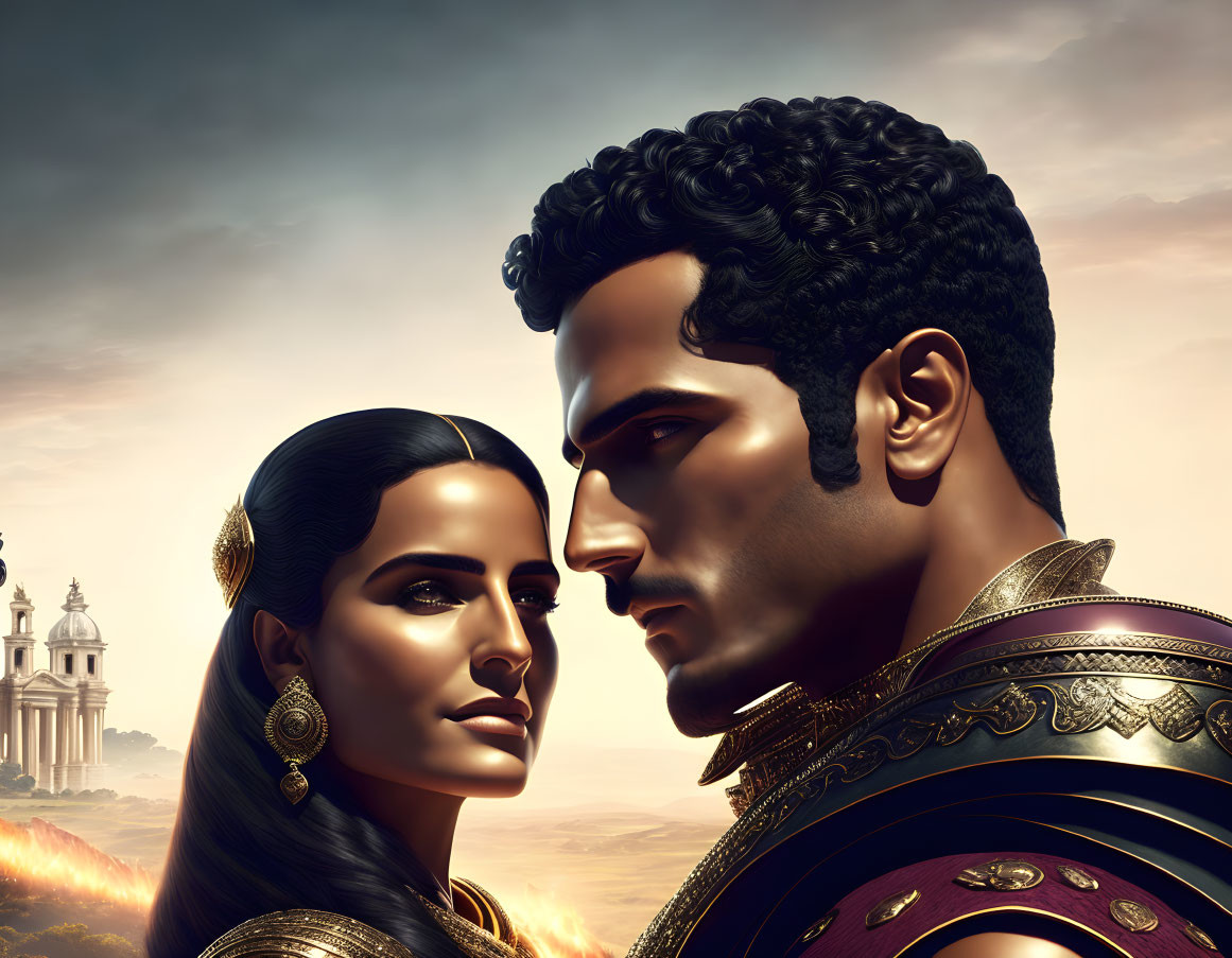 Man and woman in ancient armor against golden sky and architecture.