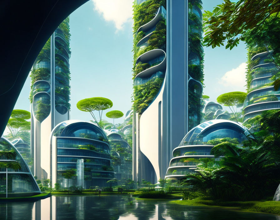 Futuristic cityscape with vertical gardens and lush greenery