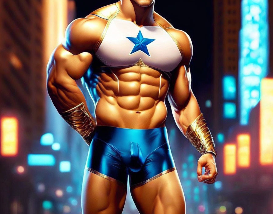 Muscular superhero in blue costume with star emblem, standing in night cityscape