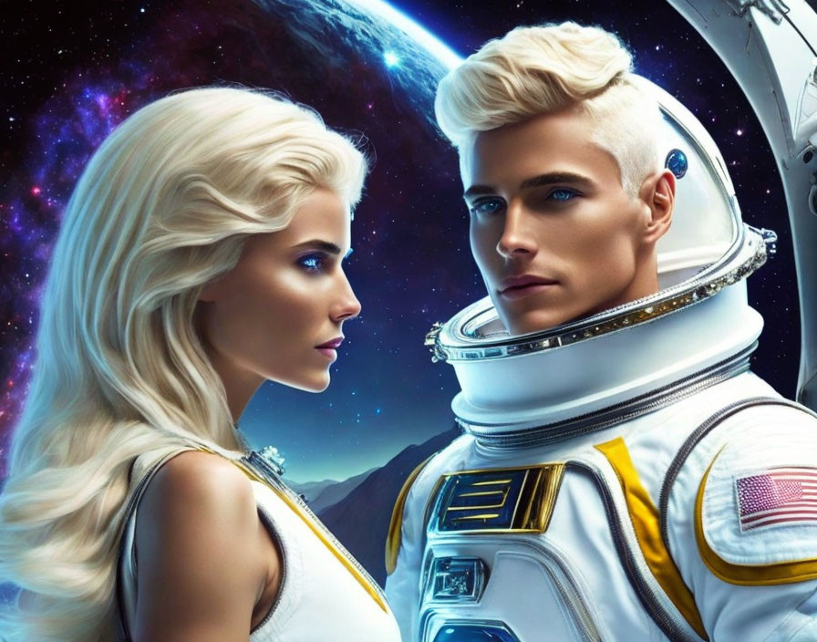 Blonde woman and man in space suits against cosmic backdrop