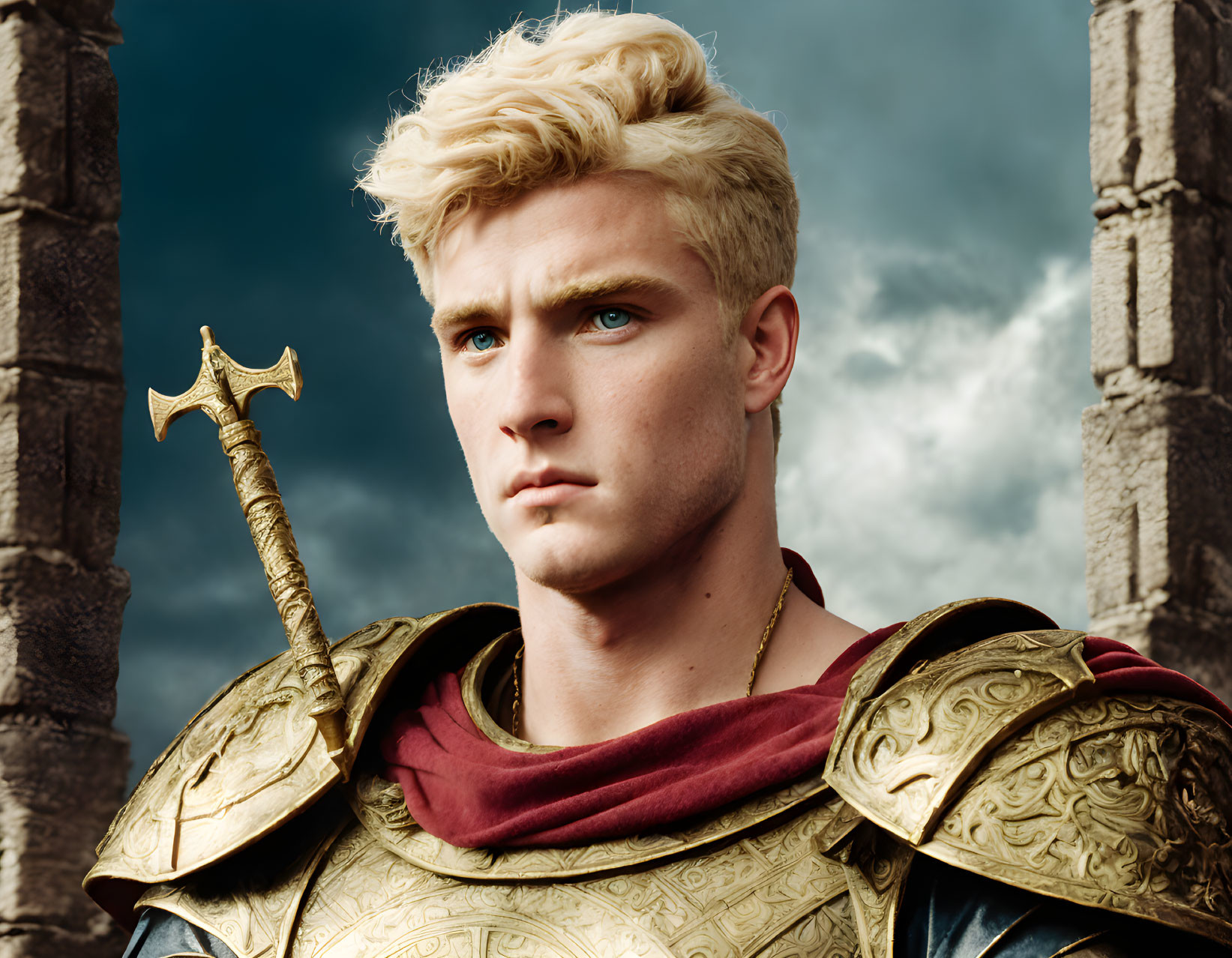 Blond young man in golden armor with sword, red cloak, stormy skies & stone pillars