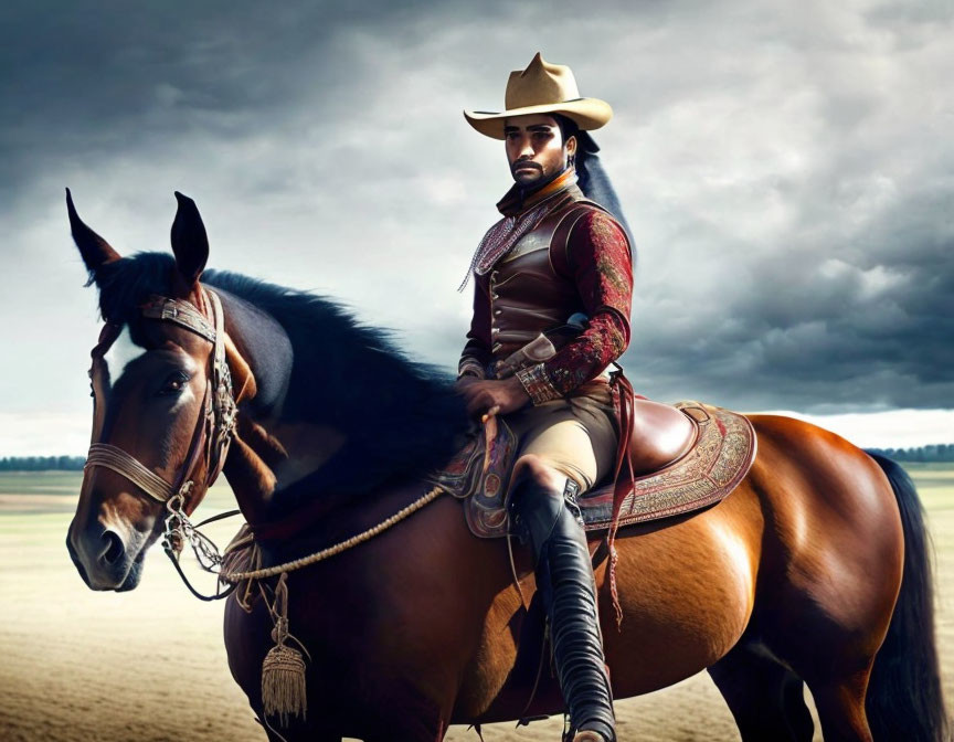 Cowboy in ornate clothing riding brown horse under dramatic sky