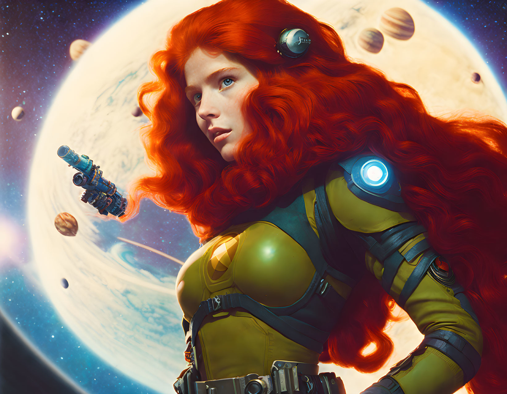 Female astronaut with red hair in green space suit against planetary backdrop