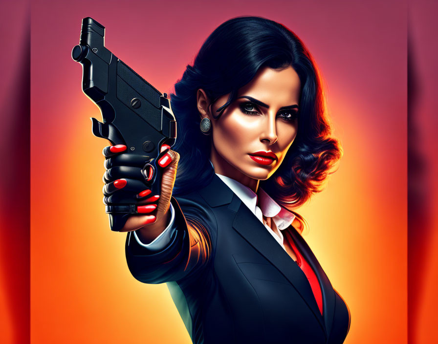 Illustration of woman in suit with gun on red-orange background