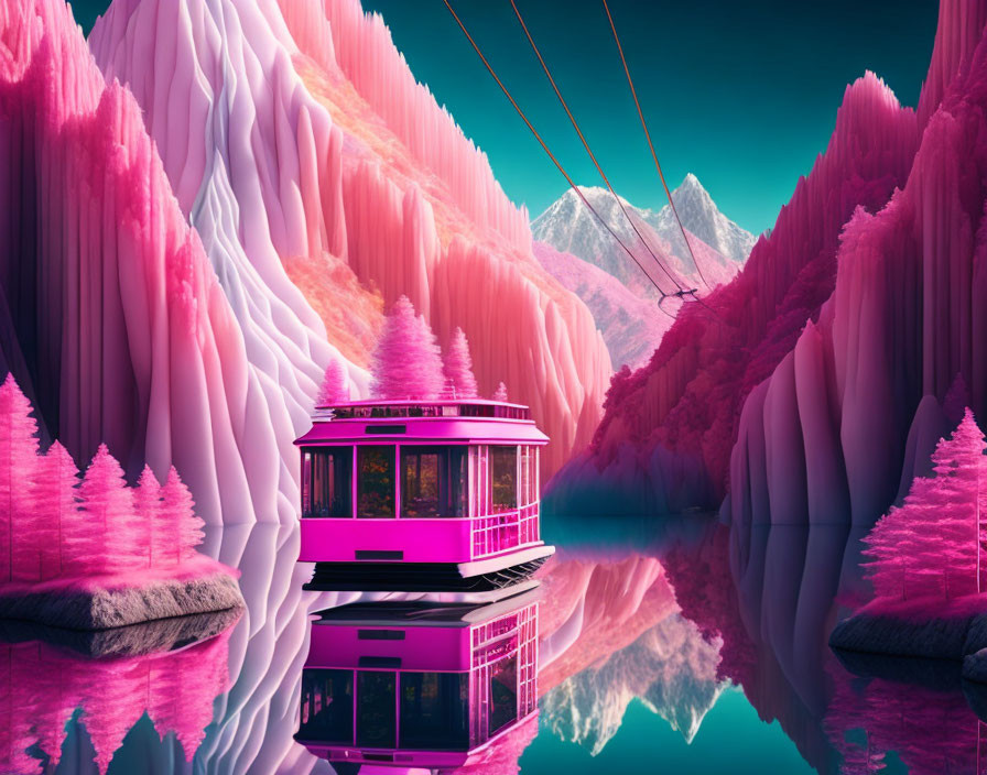 Surreal landscape with pink cable car, reflective lake, magenta cliffs, and sharp mountains