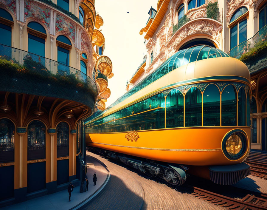 Golden futuristic train emerges from ornate vintage station with floral architecture