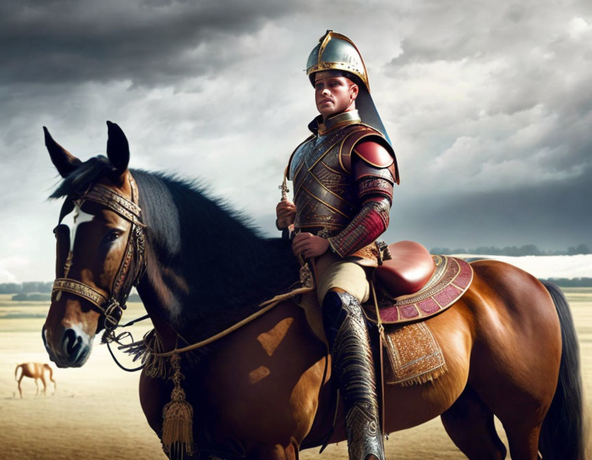 Roman soldier in helmet and armor riding horse under dramatic sky