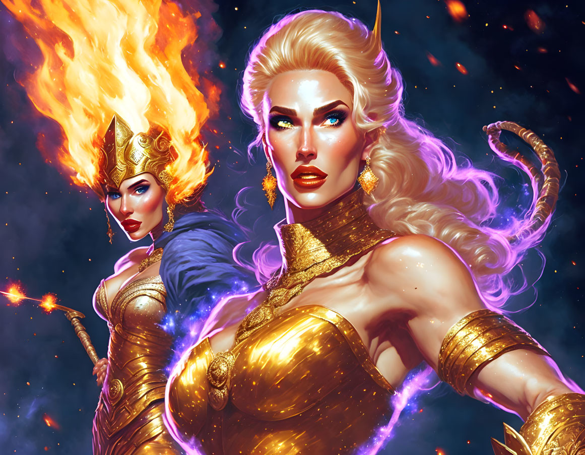 Fantasy warrior women in gold armor with fiery magic in cosmic setting