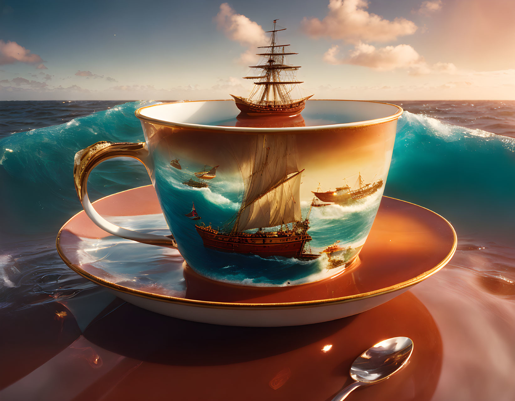 Giant Teacup with Painted Ships Floating on Ocean Waves