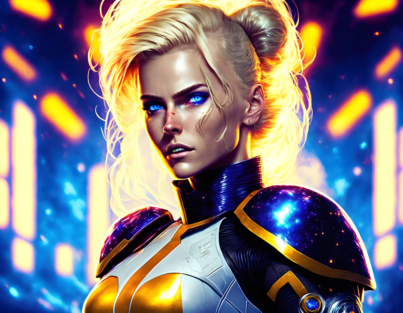 Female superhero with cosmic armor, fiery hair, and glowing eyes in neon-lit setting