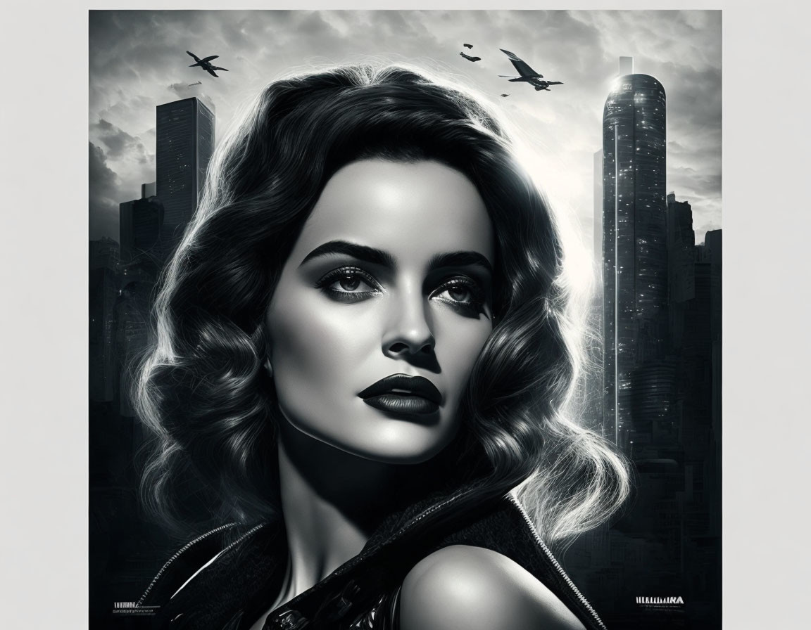 Monochrome portrait of a woman with voluminous hair against a cityscape background