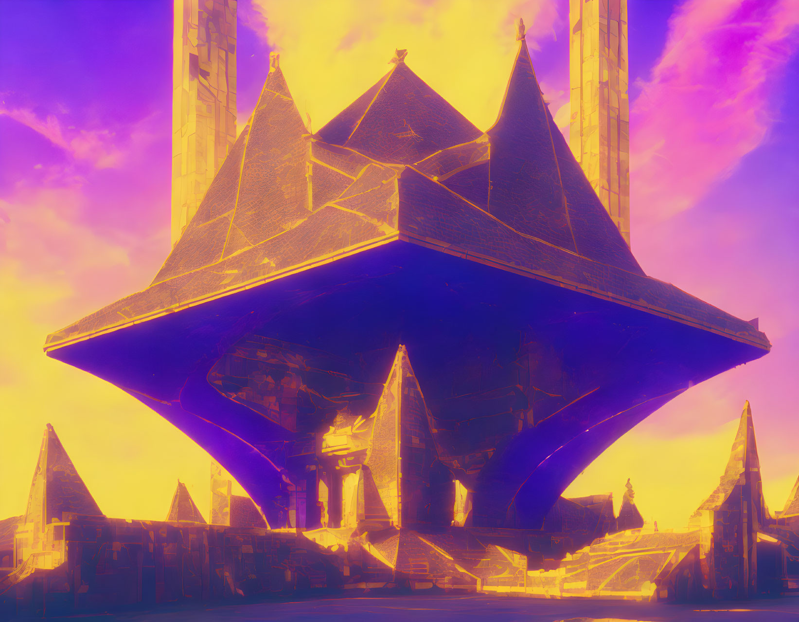 Futuristic inverted pyramid with glowing spires in purple and yellow sky