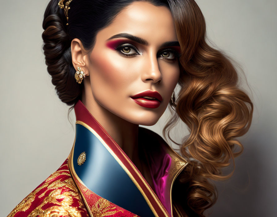 Woman with dramatic makeup and red lipstick in gold and red outfit with curly brown hair.