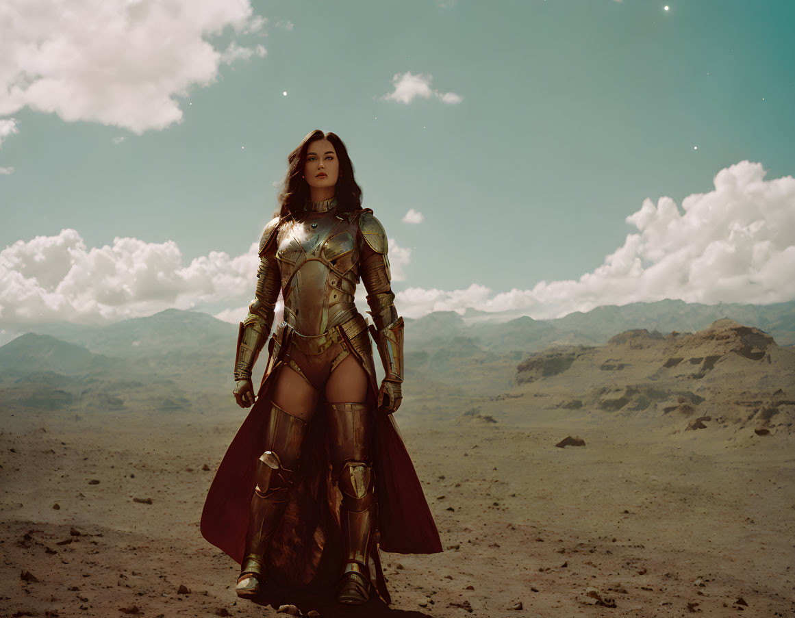 Detailed Armor Suit Woman Stands in Desert Landscape