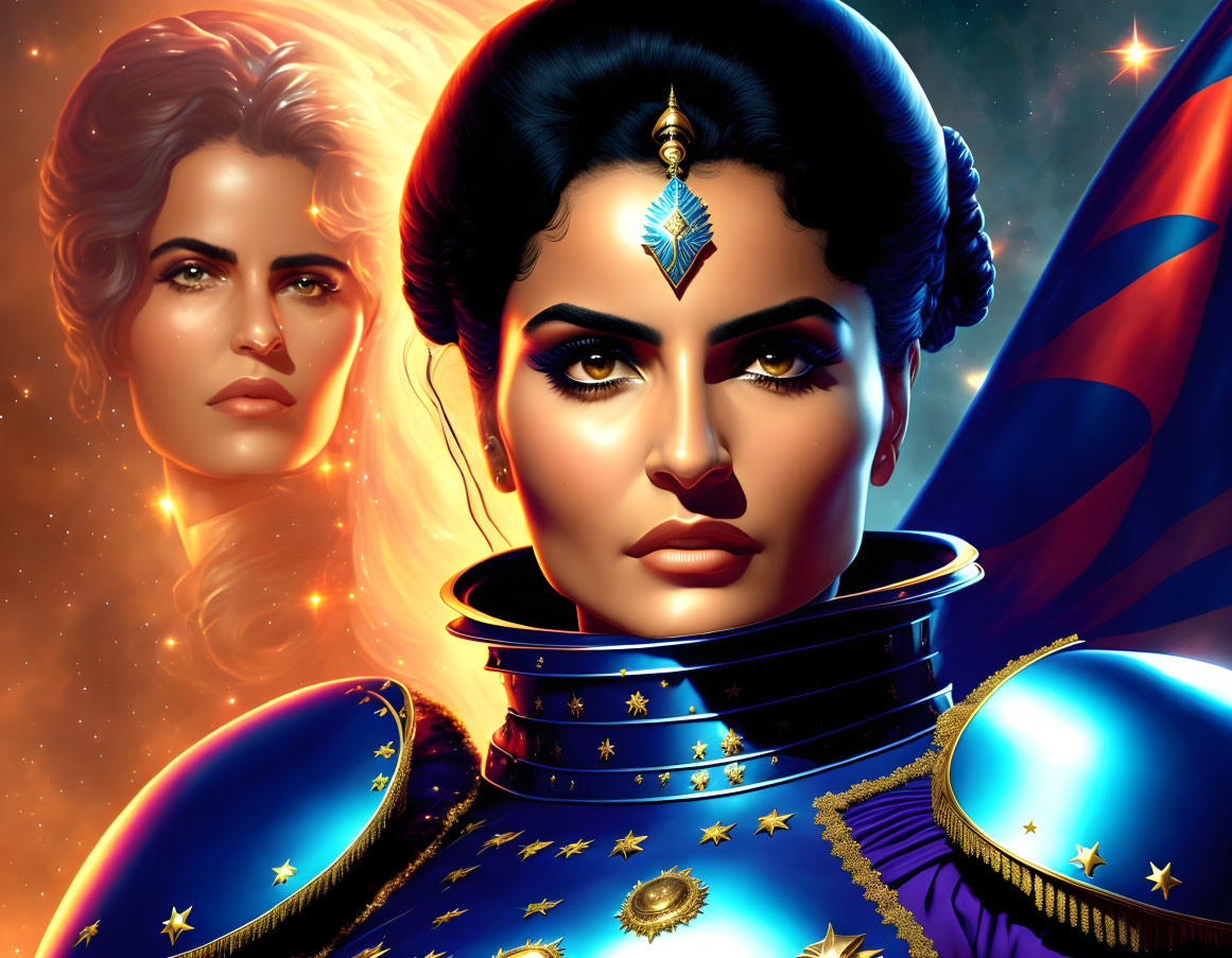 Cosmic-themed digital artwork featuring two women in space attire.