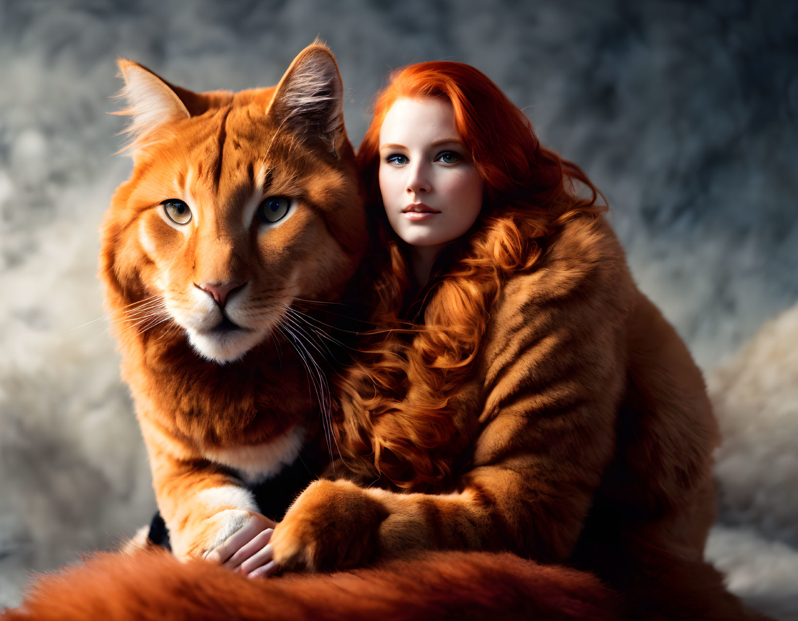 Woman with Long Red Hair and Matching Orange Tabby Cat Against Cloudy Background