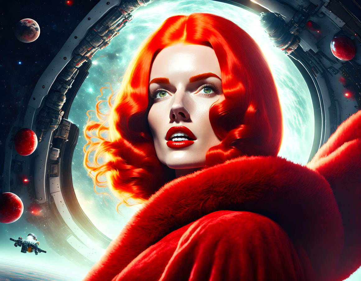 Vivid portrait of woman with fiery red hair in red cloak against space backdrop