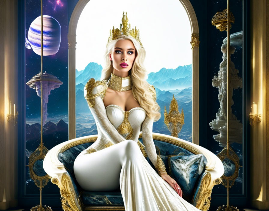 Regal Woman in Gold and White Gown on Throne with Mountain and City Views