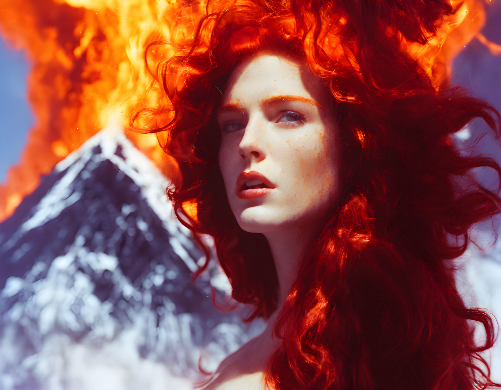 Red-haired woman gazes intensely amid volcanic eruption and snow-capped mountain.