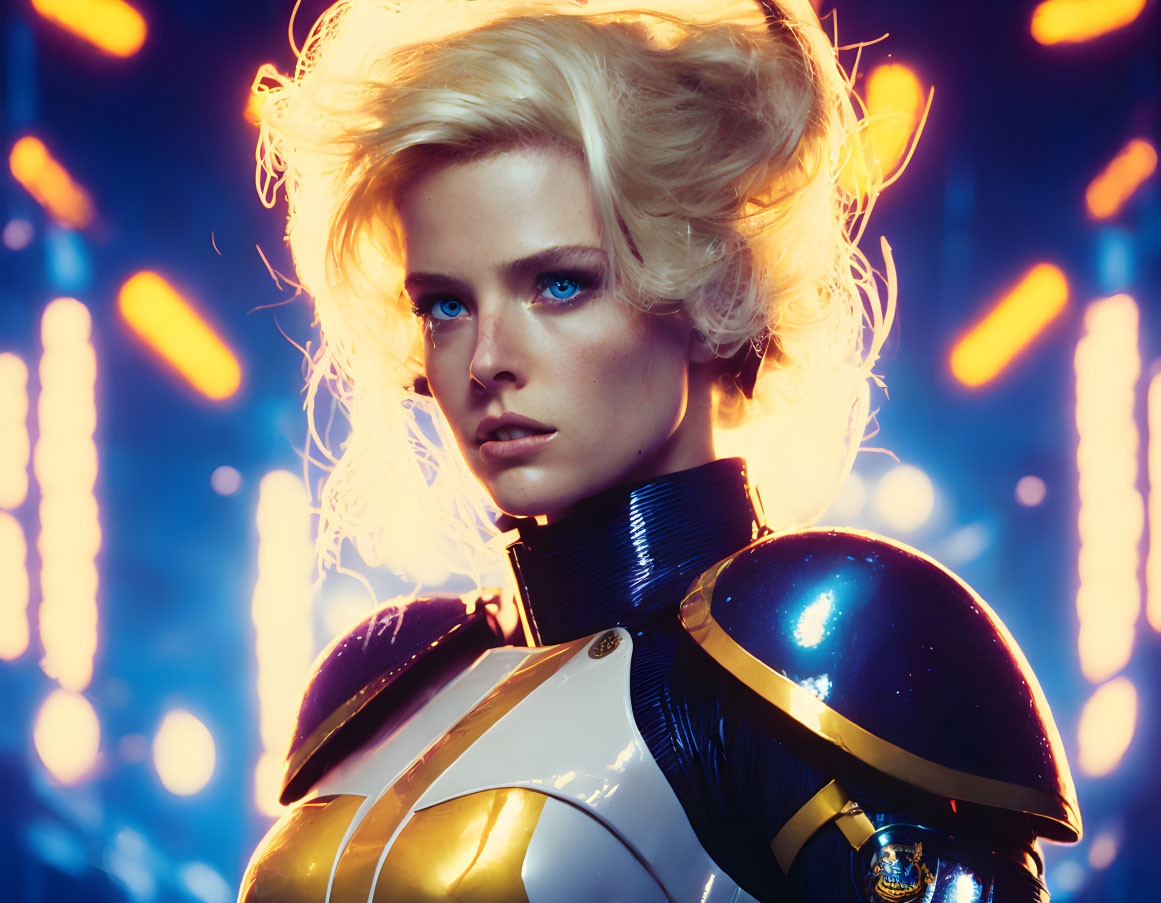 Blonde woman in futuristic black and gold armor suit with blue eyes