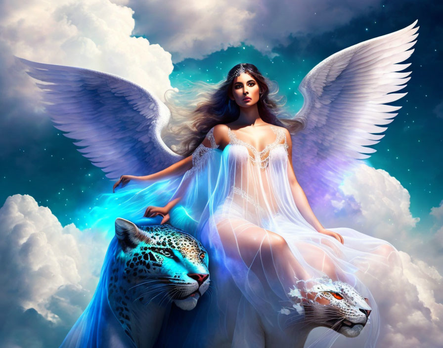 Winged woman with snow leopards on clouds under blue sky