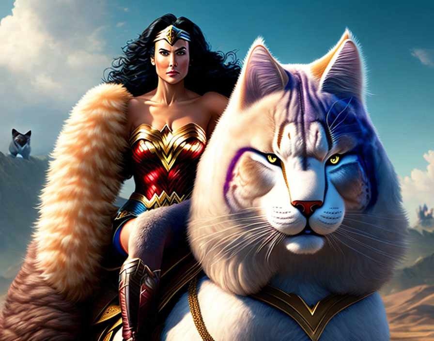 Wonder Woman in iconic costume with superhero feline in animated crossover