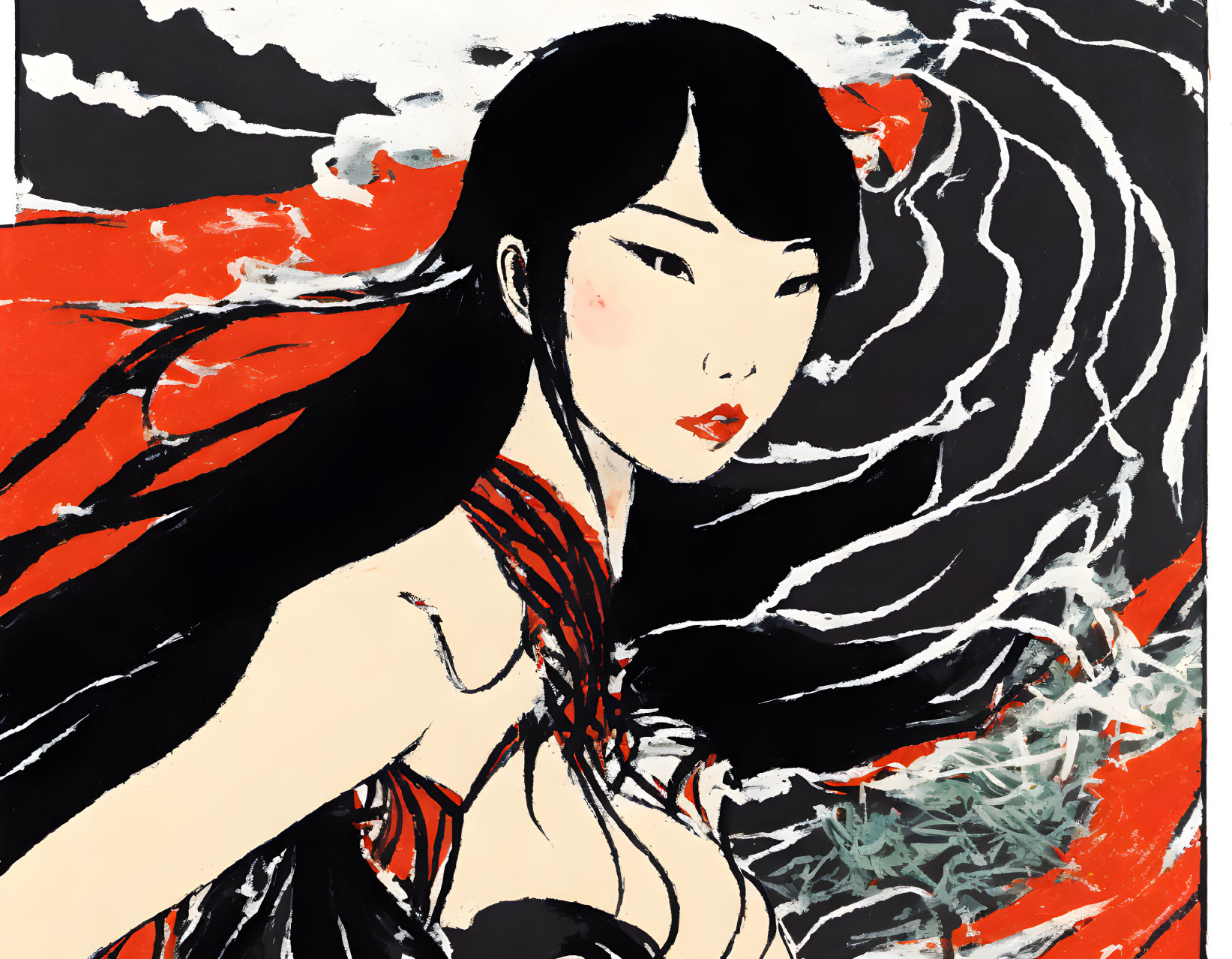 Stylized illustration of woman with black hair and red accents on vibrant red and white background