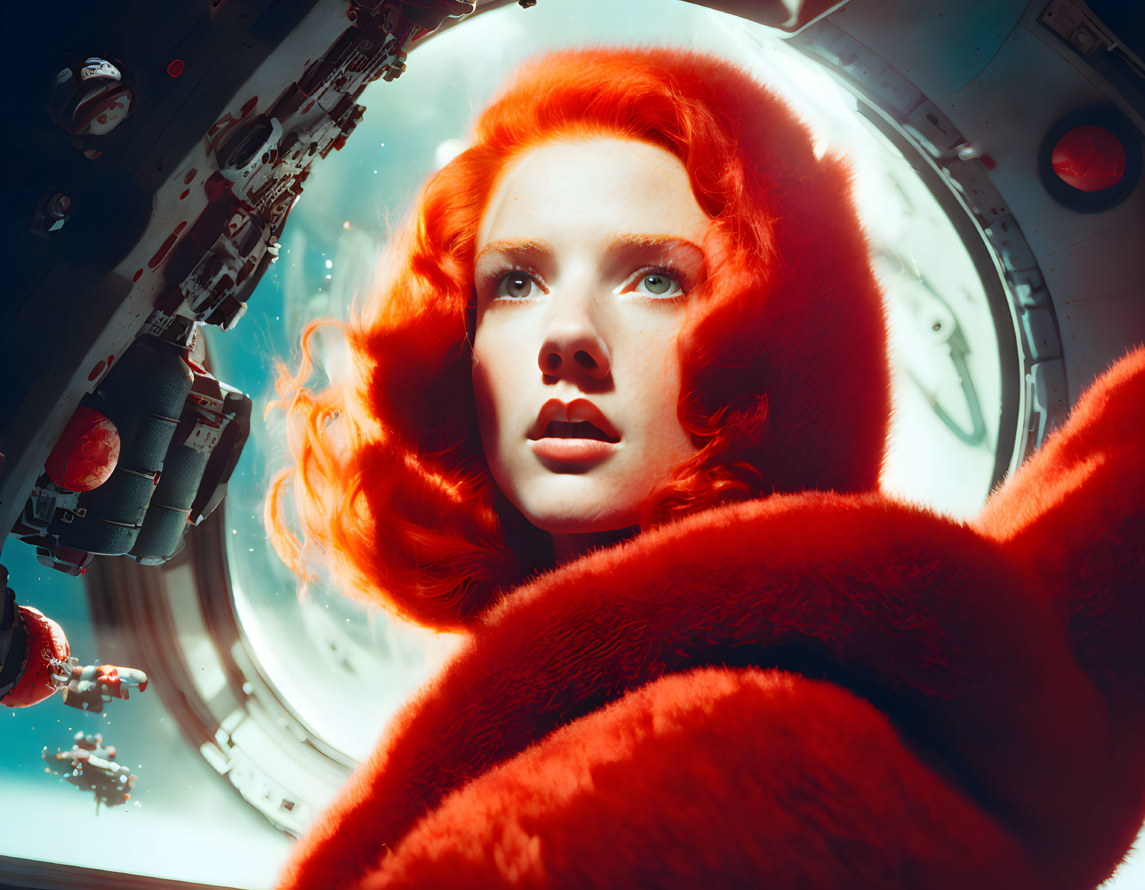 Red-haired woman in fur clothing looks out from spacecraft window at space and satellite debris