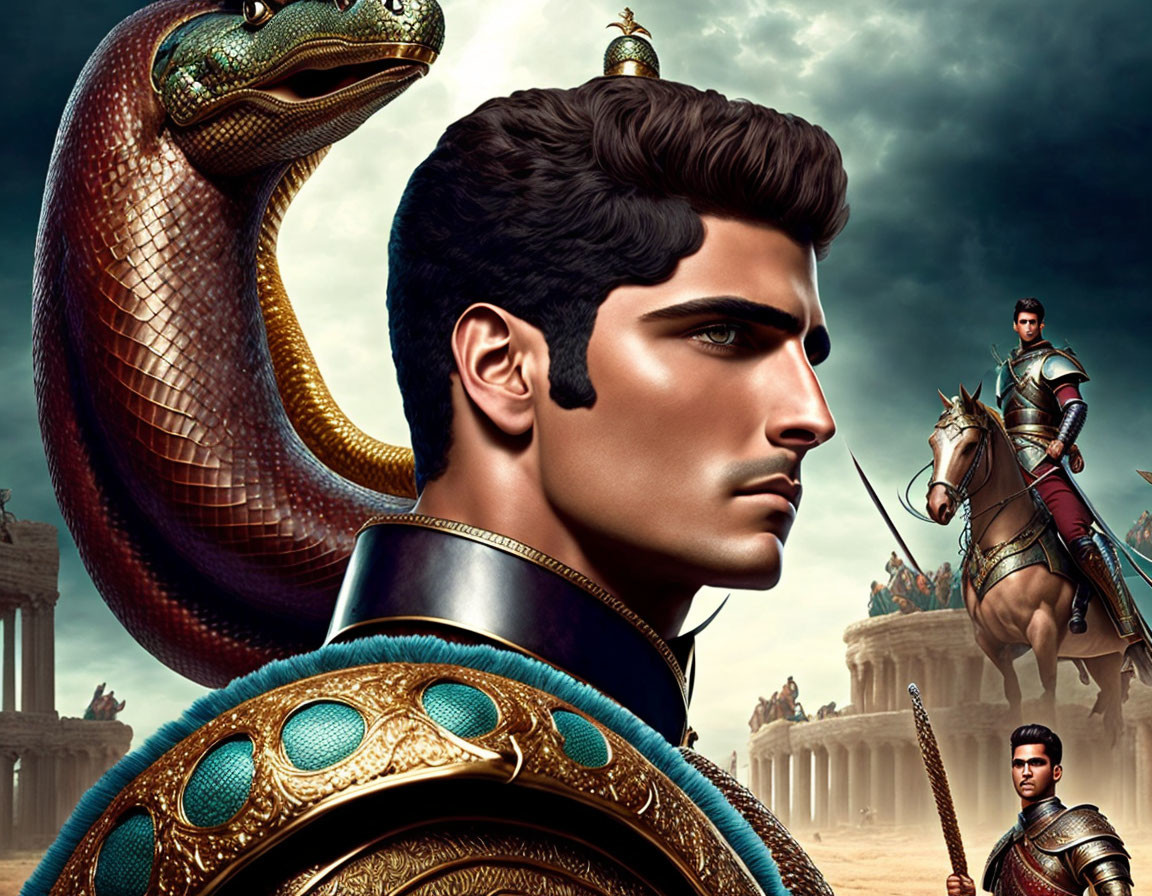 Stylized digital artwork of regal male figure in ornate snake-themed armor.