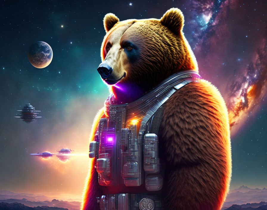 Futuristic cosmic bear in spacesuit with stars, planet, and spaceships