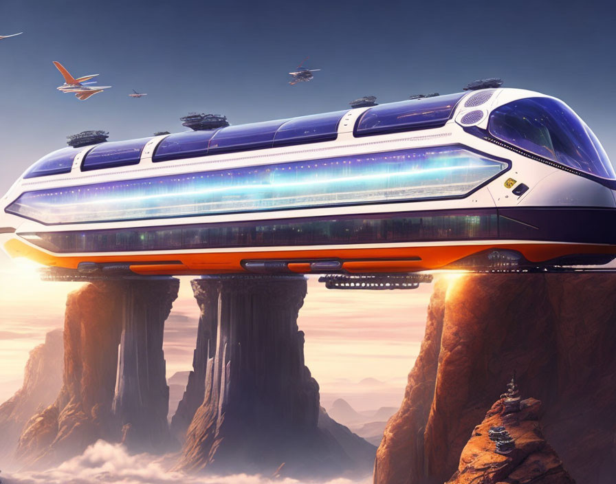 Futuristic levitating train over rocky canyon at dawn