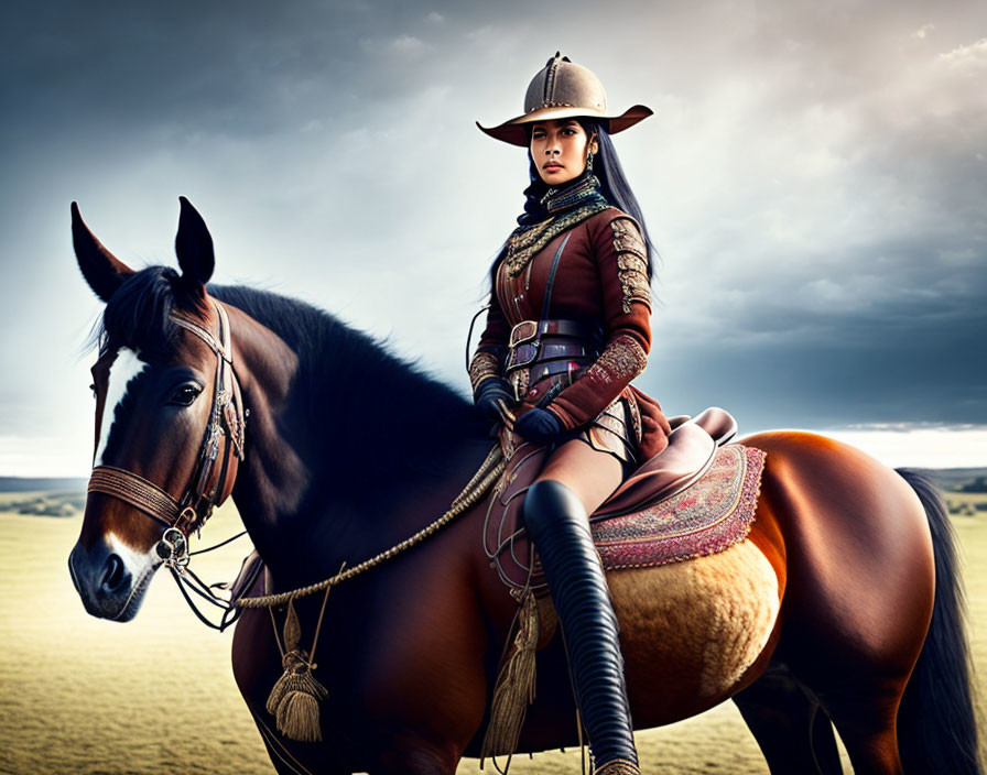 Person in intricate Western attire on brown horse under dramatic sky