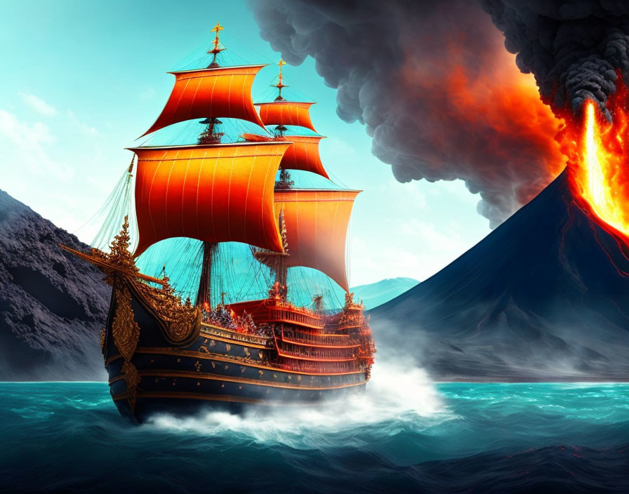 Majestic ship with orange sails on turbulent sea near erupting volcano