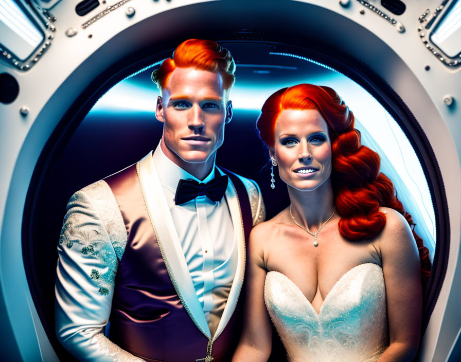 Striking Red-Haired Couple in Formal Attire Poses in Front of Spaceship Window